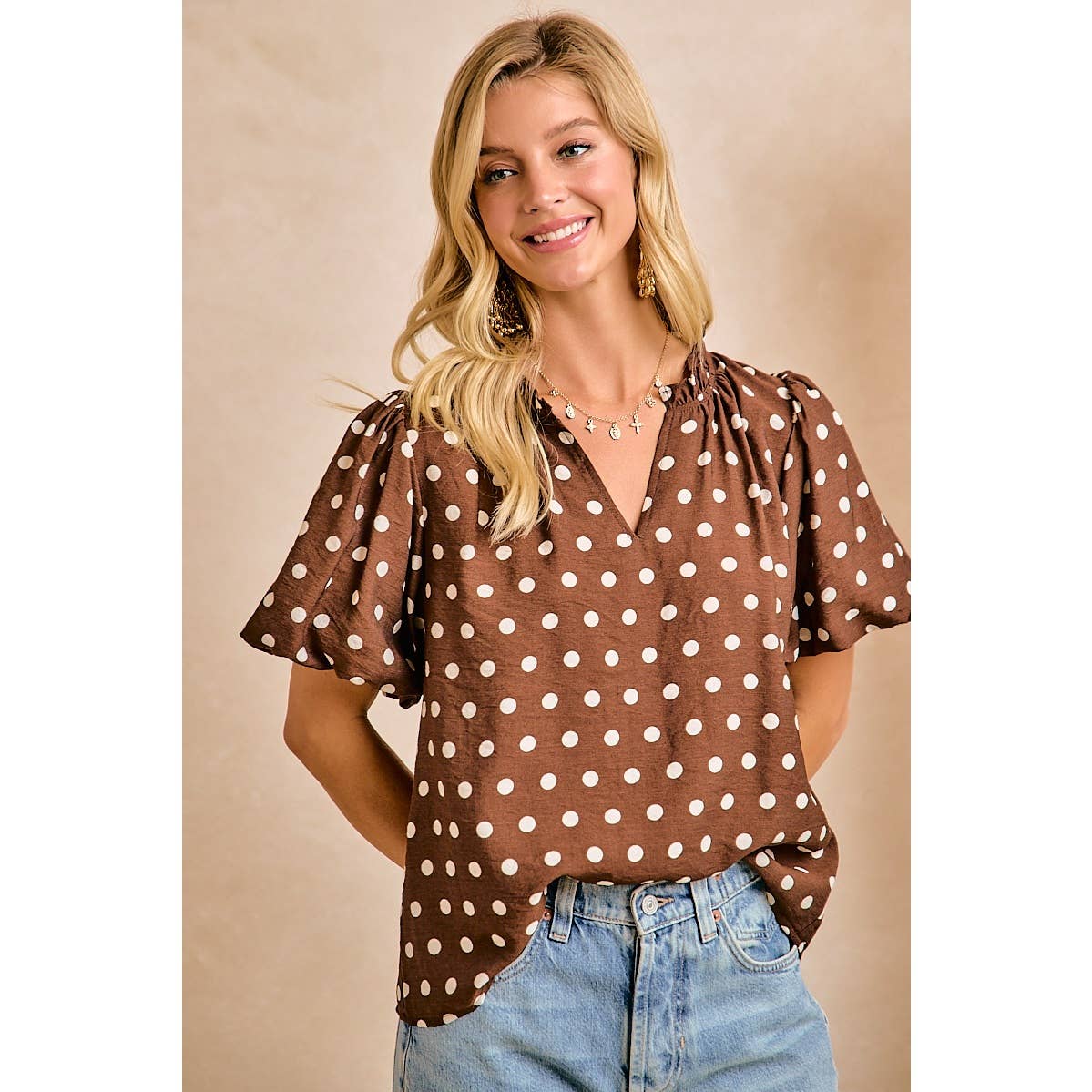 Polka Dot Printed Woven Ruffled V Neck Top