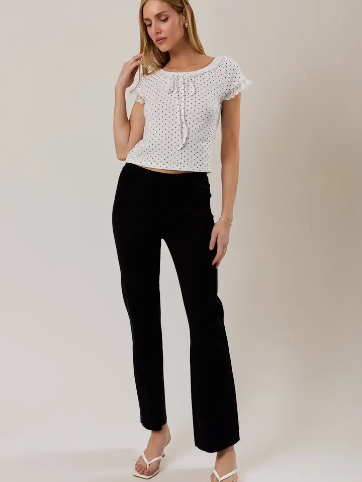 Boat Neck Polka Dot Knit Top with Lace Trim