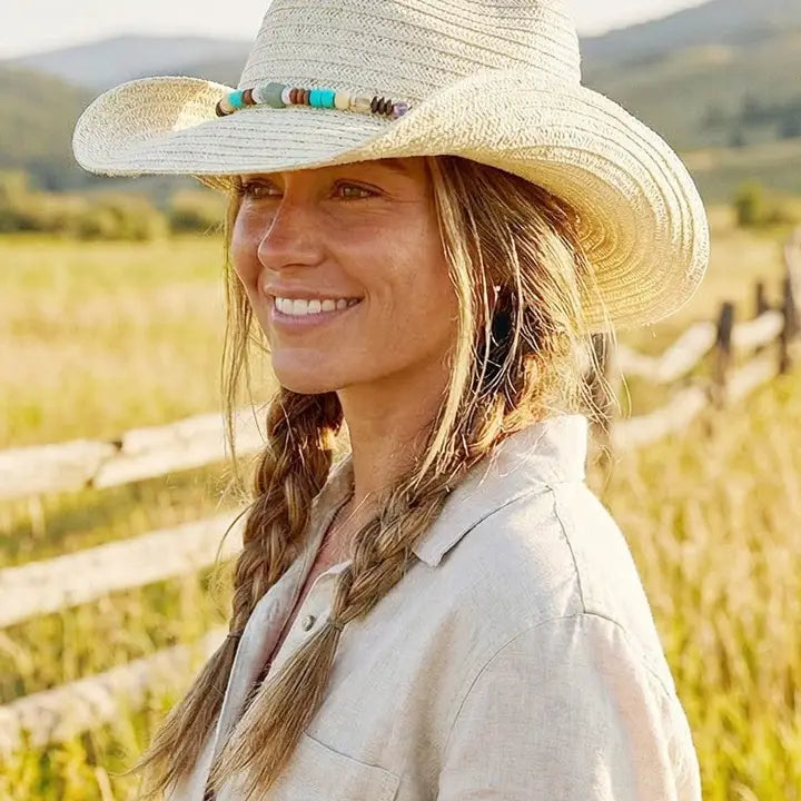 Straw Cowboy Hat with Stone and Wood Bead Band