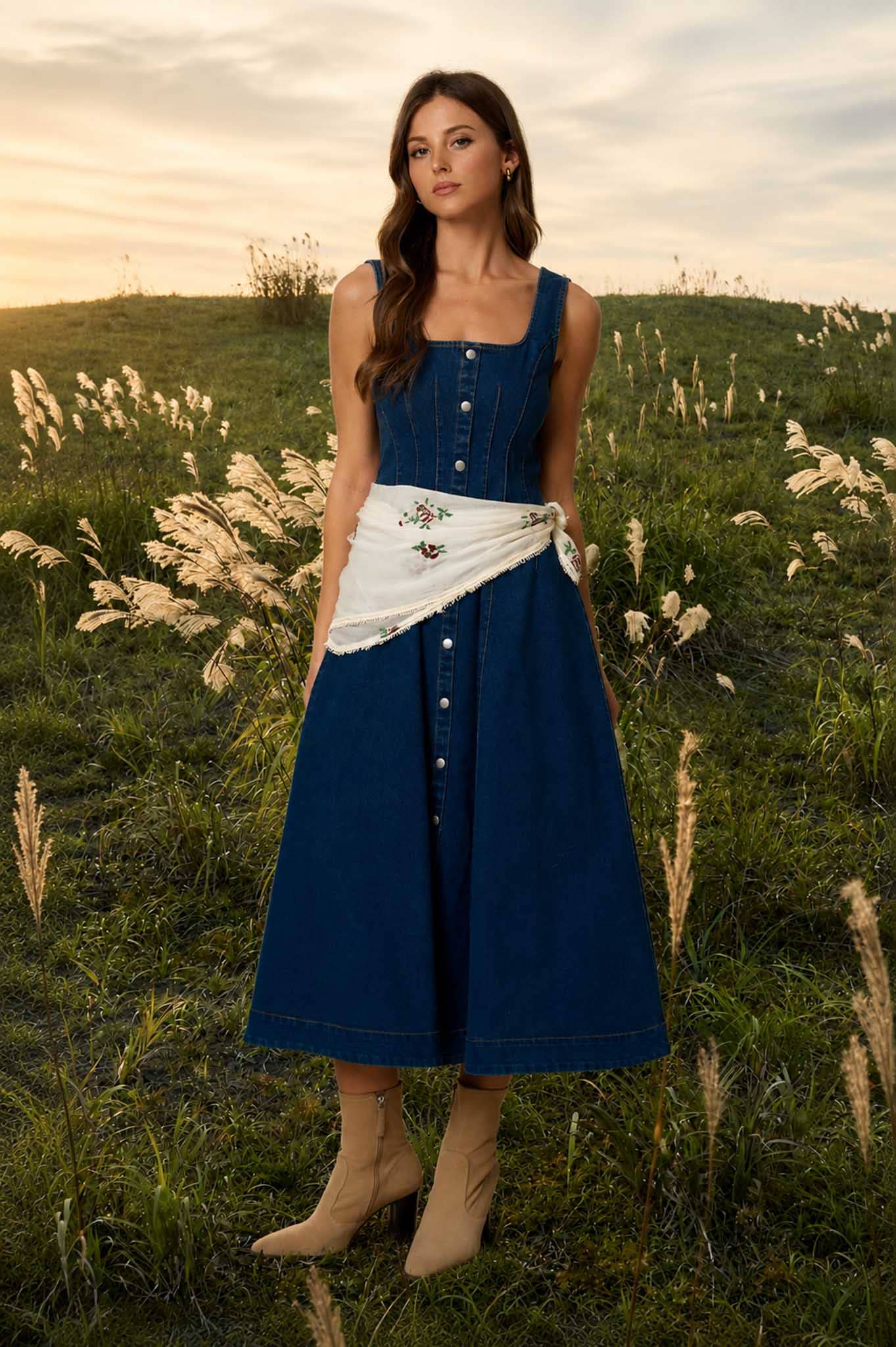 BUTTON DOWN SEAM DETAIL DENIM MIDI DRESS