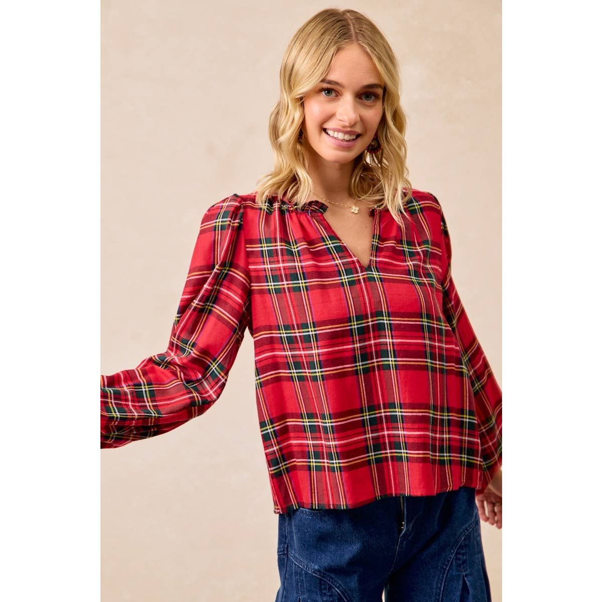 Christmas Plaid Balloon Sleeves Ruffled V-Neck Top