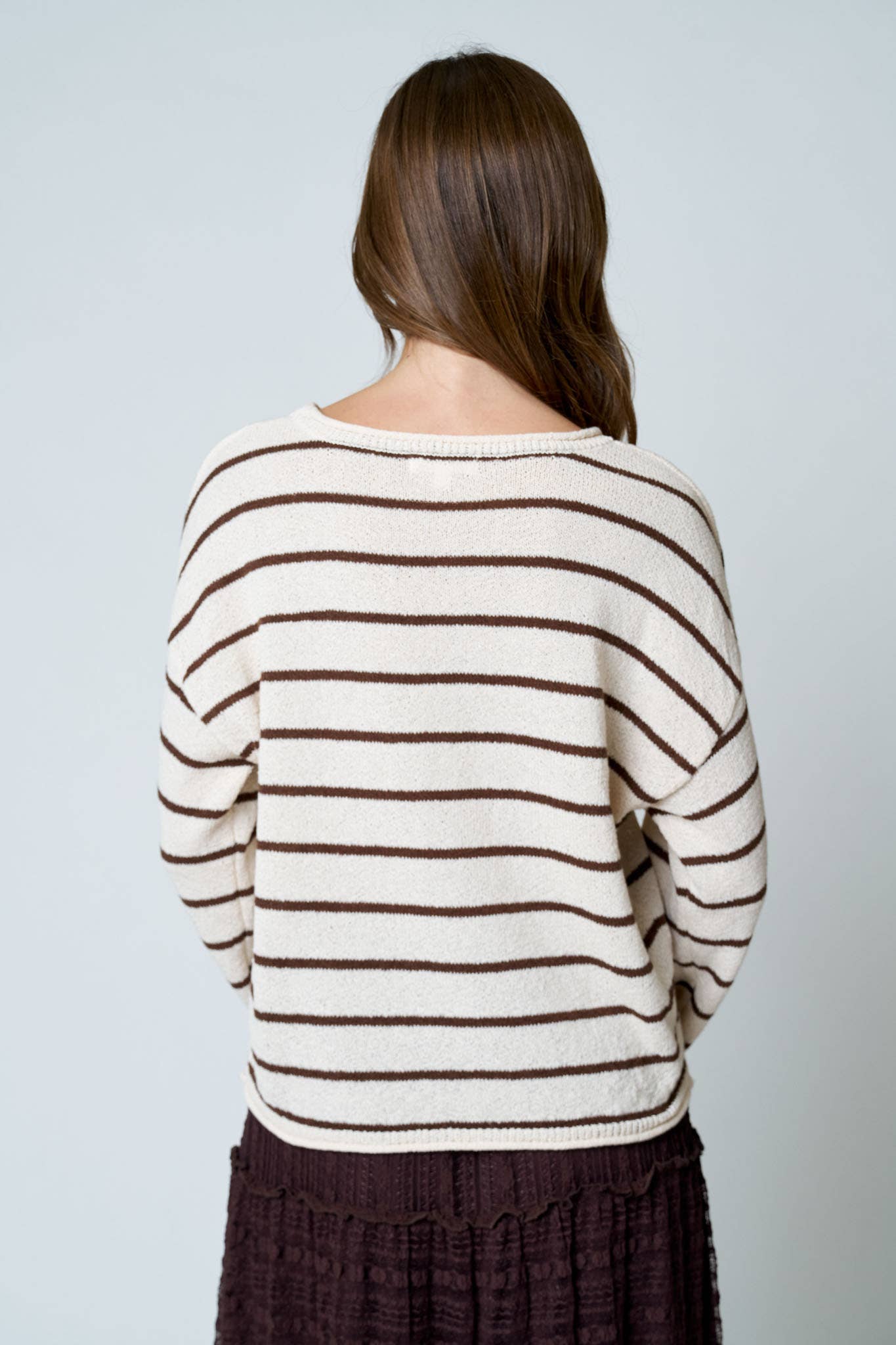 STRIPE TEXTURED RAW EDGE LONG SLEEVE KNIT SWEATER-BACKORDER