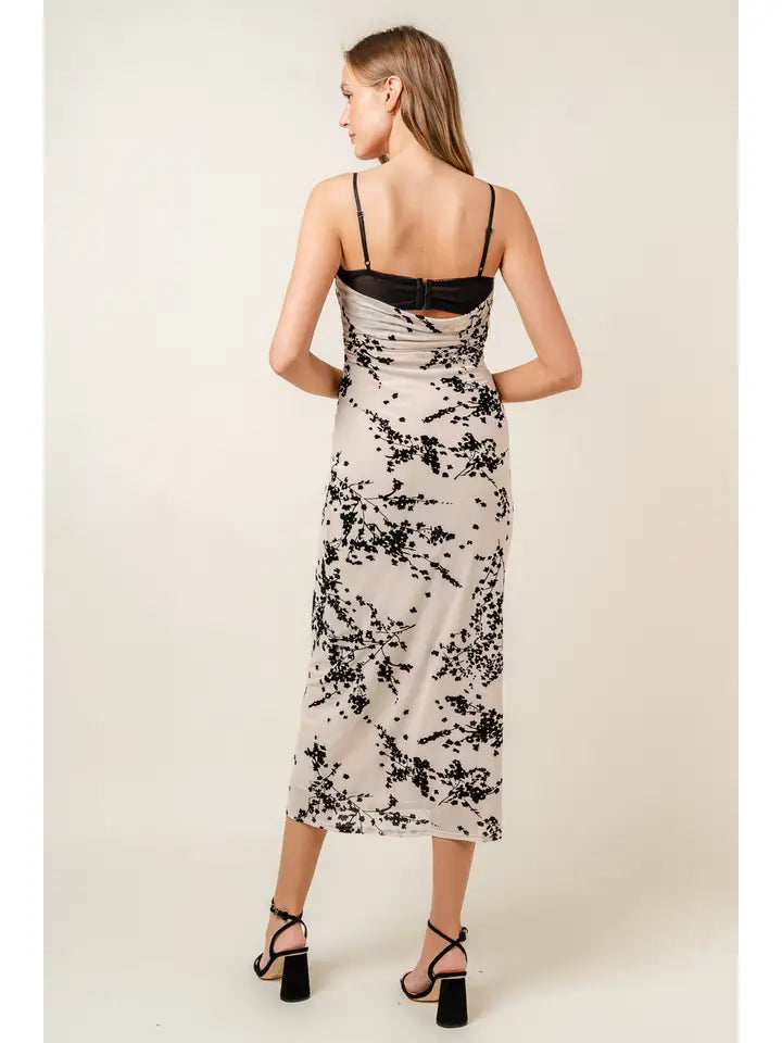 Lace Burn Out Velvet Floral Mesh Midi DRESS-