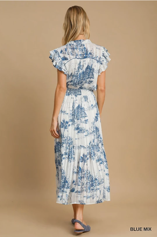 Two Tone Landscape Print Midi Dress