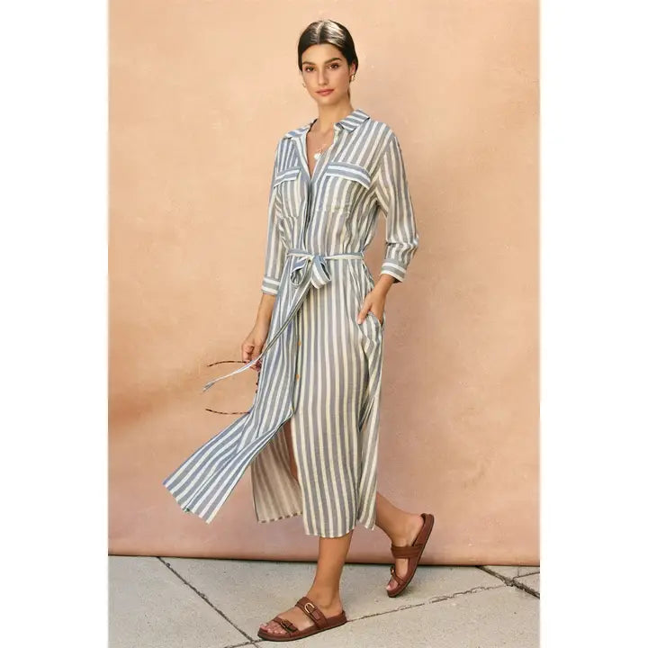 Nautical Stripe Belted Maxi Shirt Dress