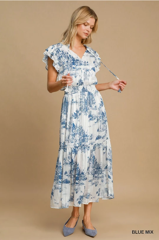 Two Tone Landscape Print Midi Dress