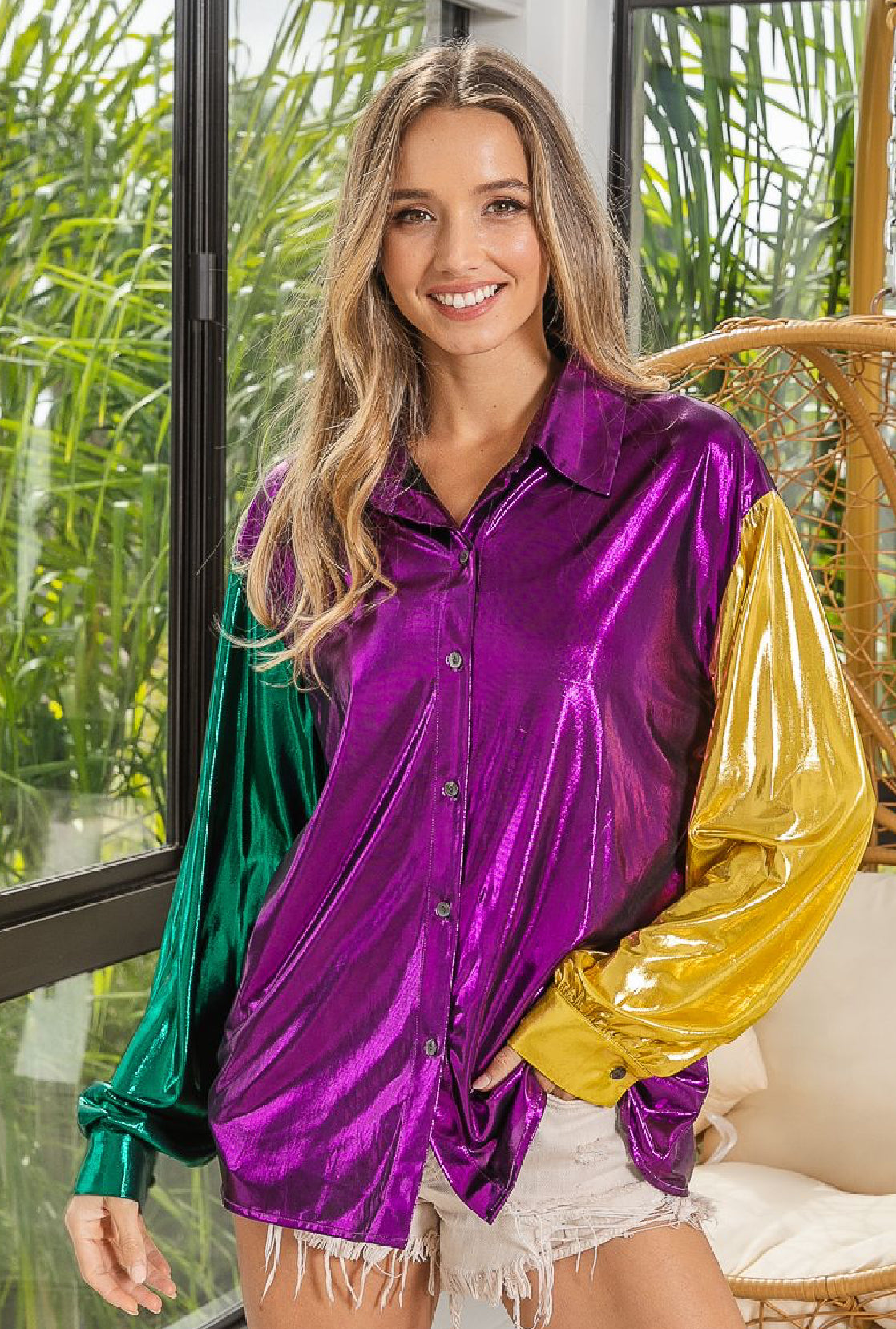 Mardi Gras Metallic Silky Shirt Top