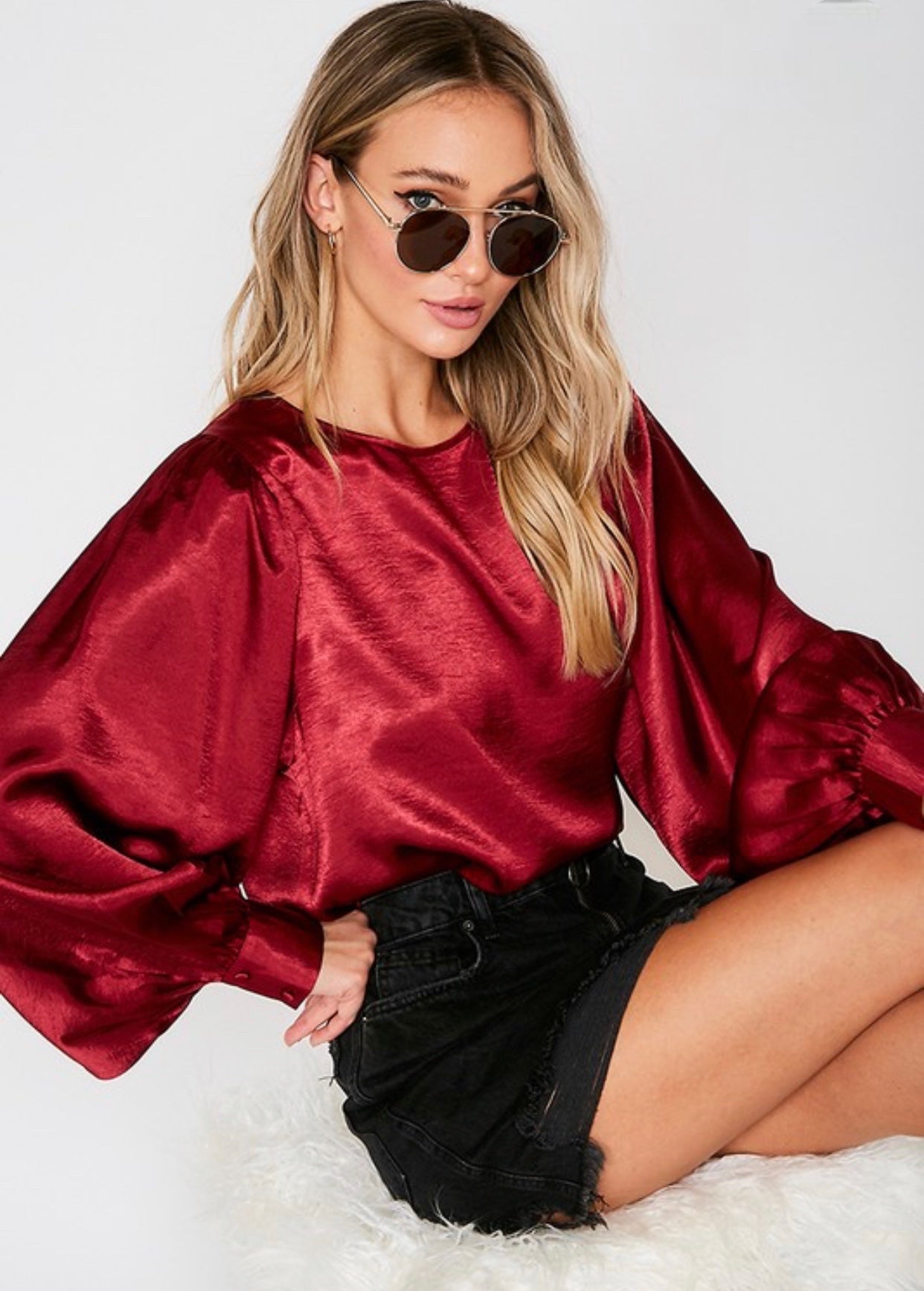 Satin Balloon Sleeve Blouse Burgundy