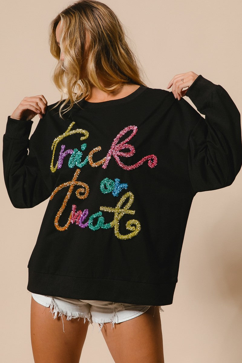 Tinsel Trick Or Treat Lettering Halloween Pullover
