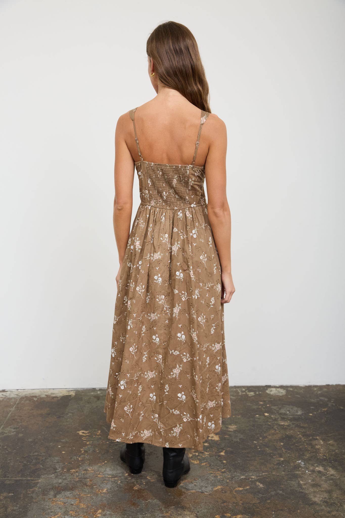 FLORAL EYELET TIE FRONT CORSET MIDI DRESS