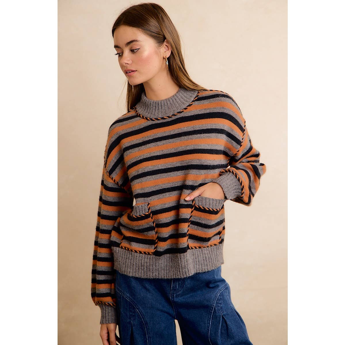 Halloween Striped Mock Neck Pocket Sweater