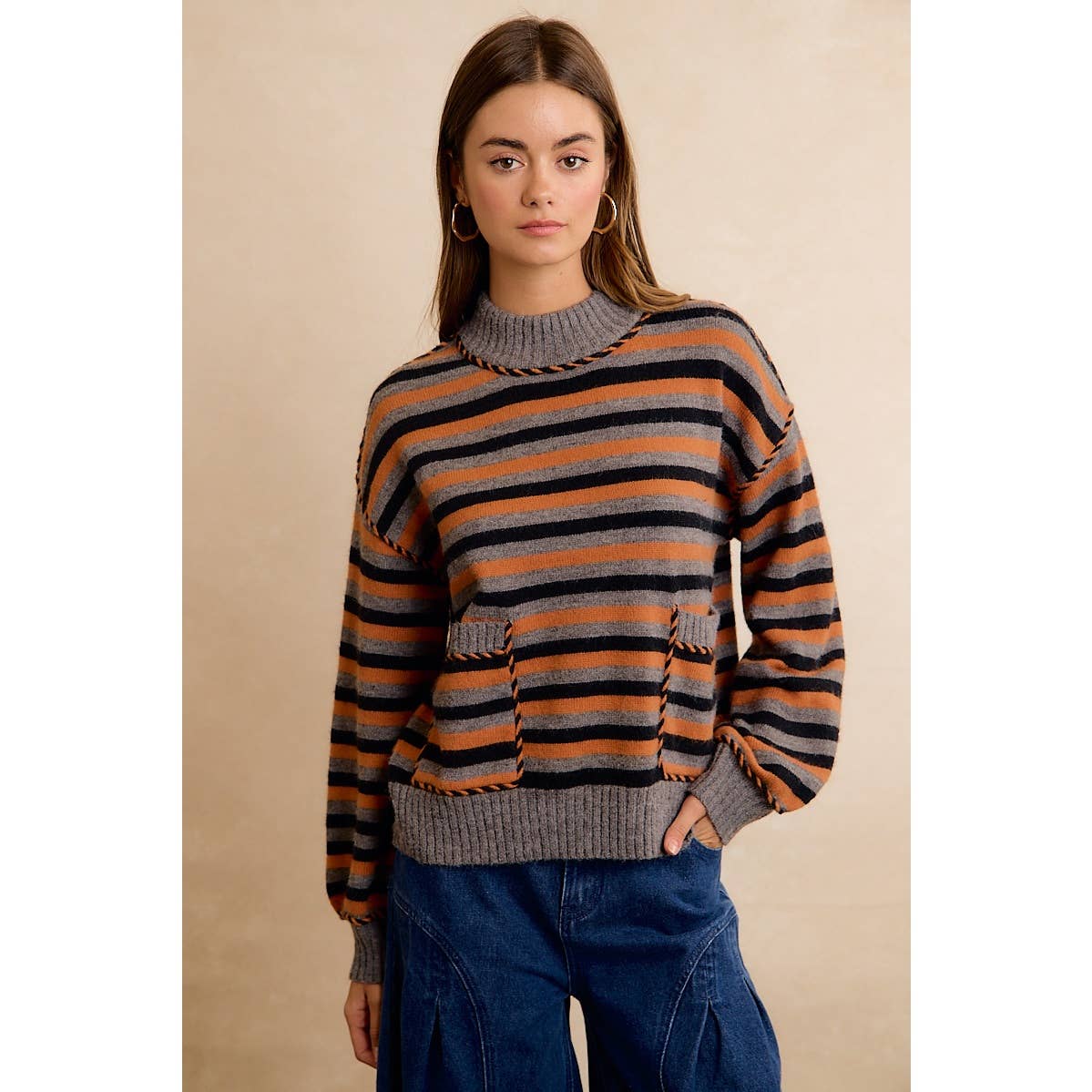 Halloween Striped Mock Neck Pocket Sweater