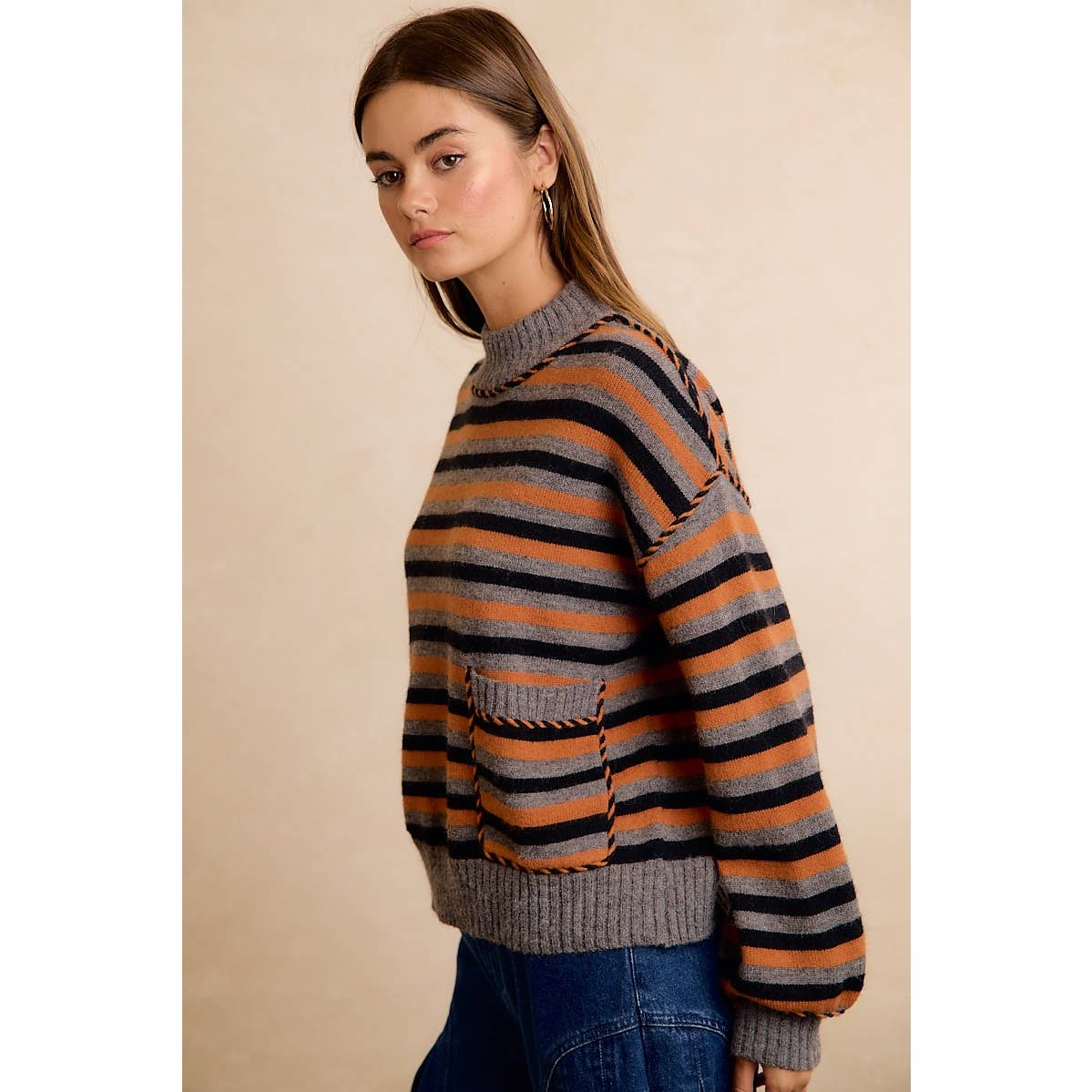 Halloween Striped Mock Neck Pocket Sweater