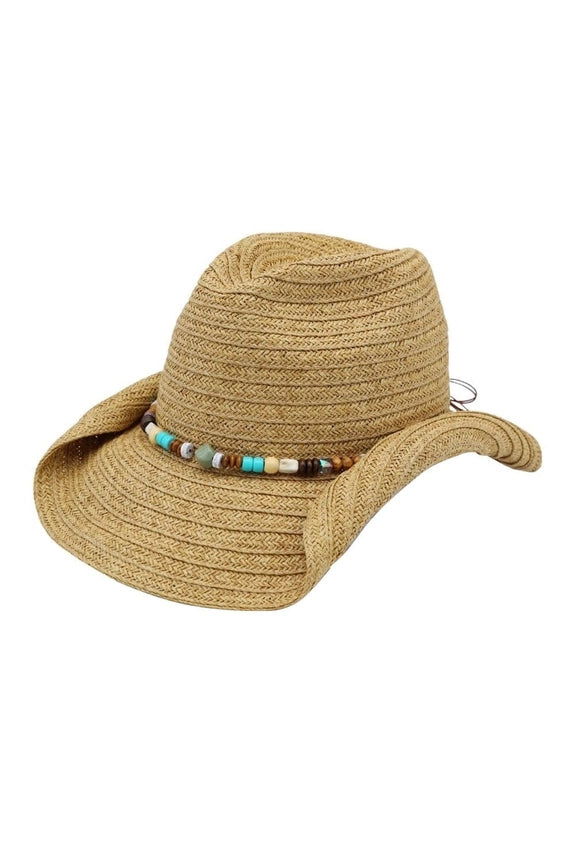 Straw Cowboy Hat with Stone and Wood Bead Band