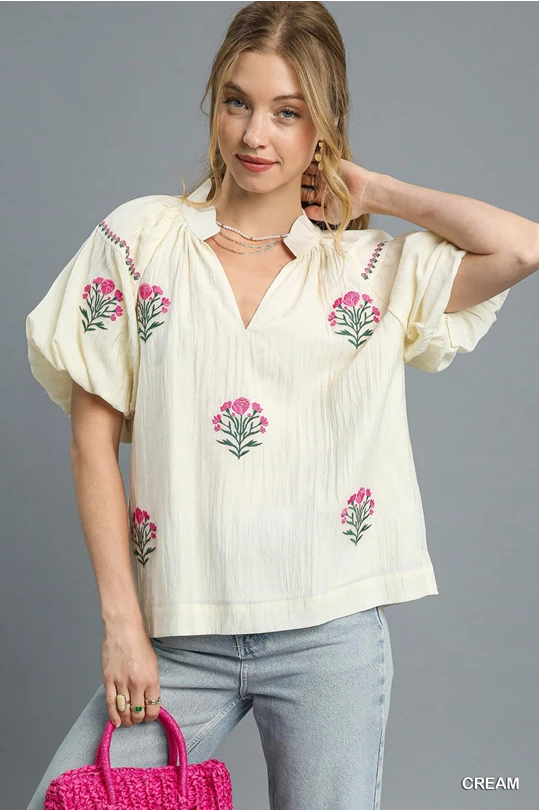 Floral Embroidered Puff Sleeve Blouse