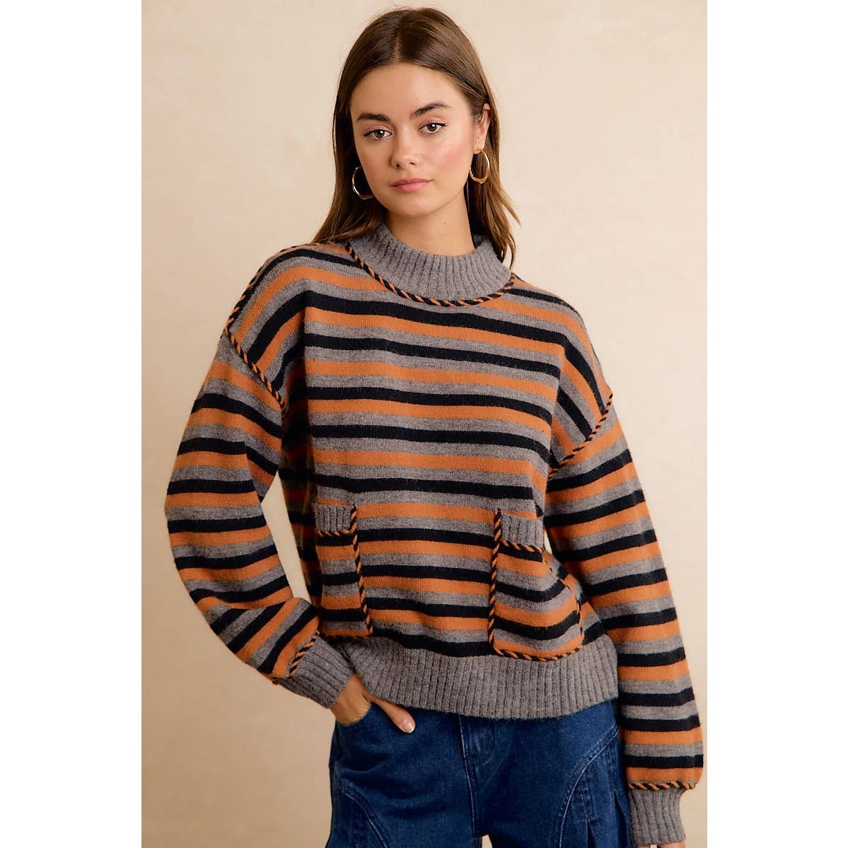 Halloween Striped Mock Neck Pocket Sweater