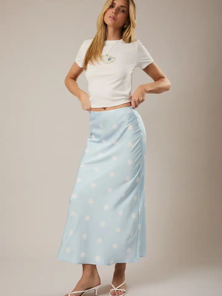 Satin Midi Skirt with Elastic Waist in Polka Dot