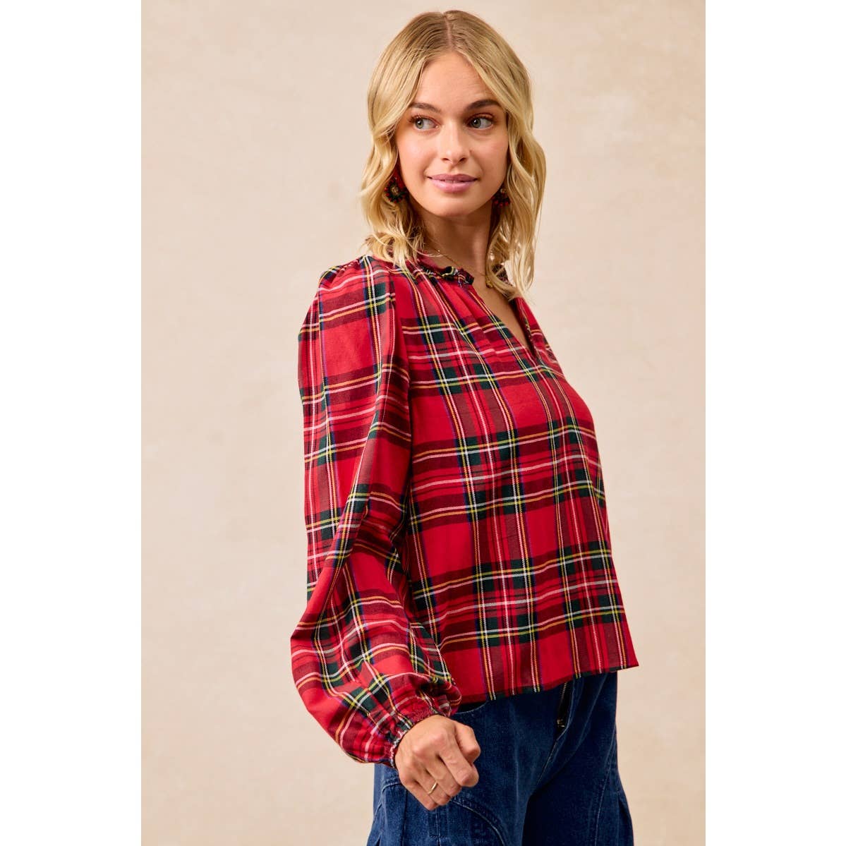 Christmas Plaid Balloon Sleeves Ruffled V-Neck Top
