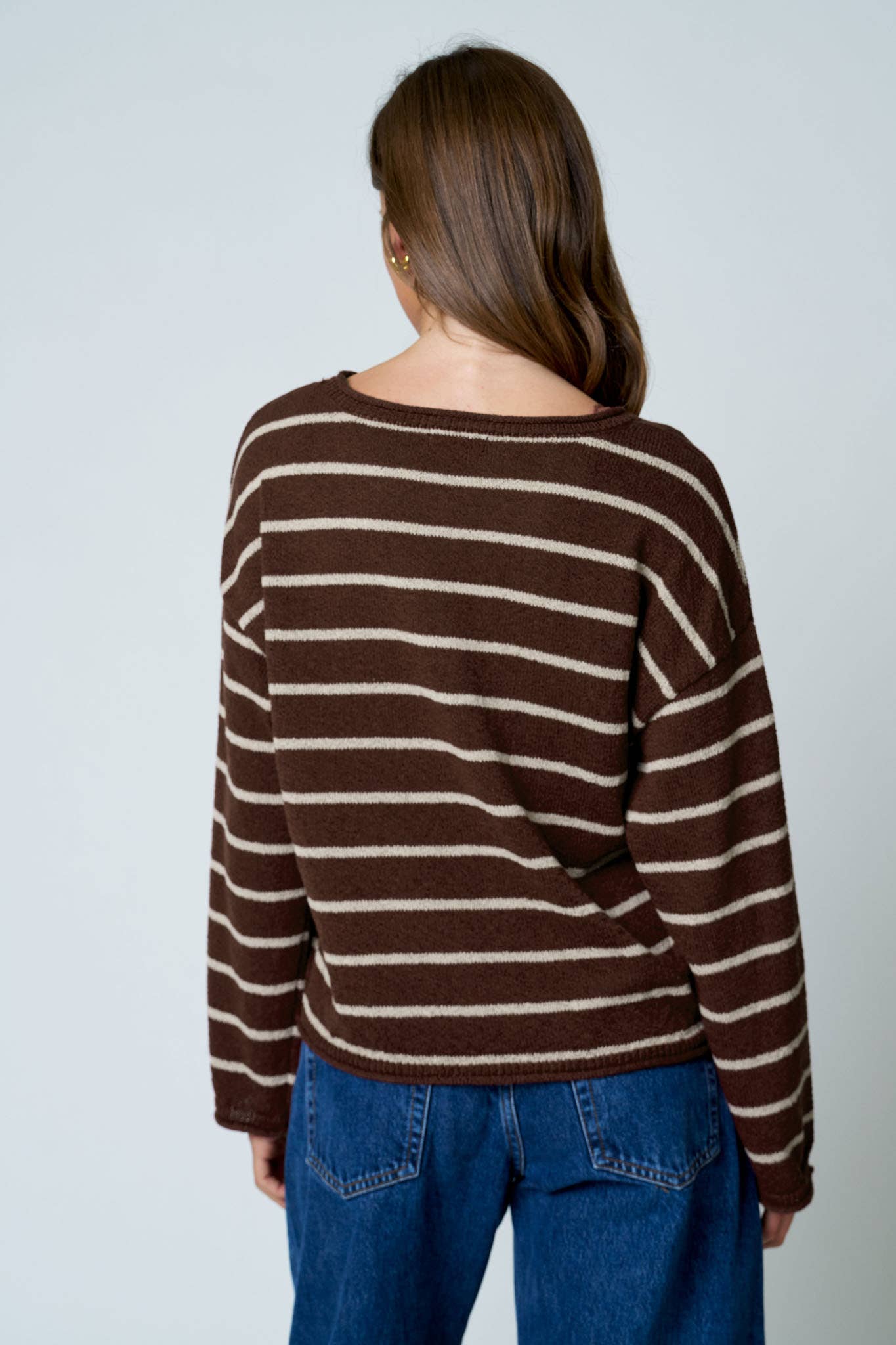 STRIPE TEXTURED RAW EDGE LONG SLEEVE KNIT SWEATER-BACKORDER