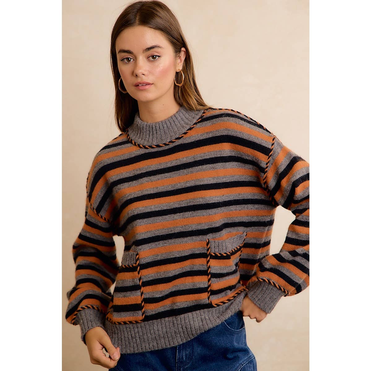 Halloween Striped Mock Neck Pocket Sweater