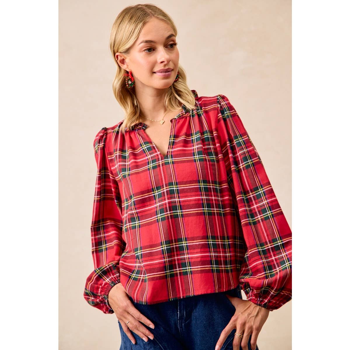 Christmas Plaid Balloon Sleeves Ruffled V-Neck Top