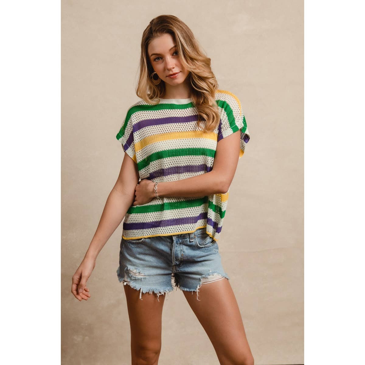 MARDI GRAS STRIPES SHORT DOLMAN SLEEVE KNIT TOP