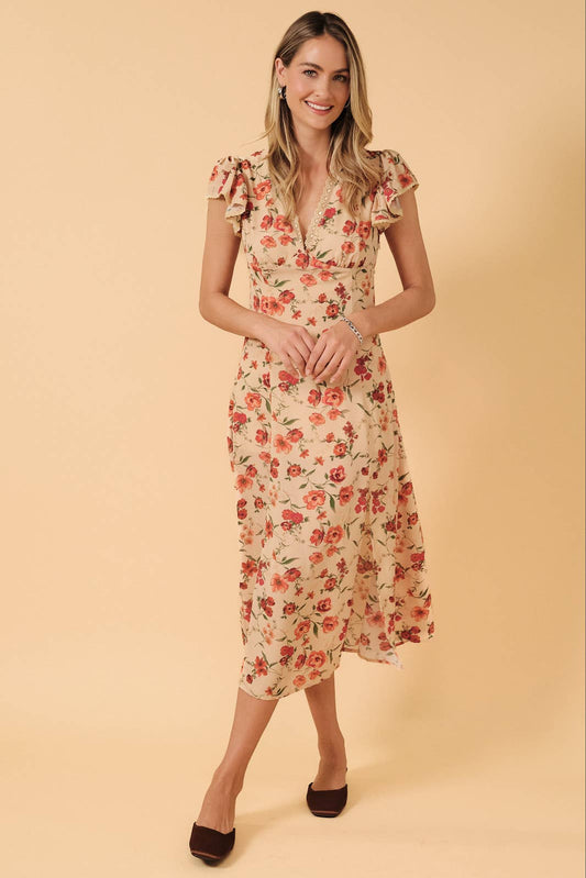 Lace Trim V-Neck Short Flutter Sleeve Midi Dress With Slit