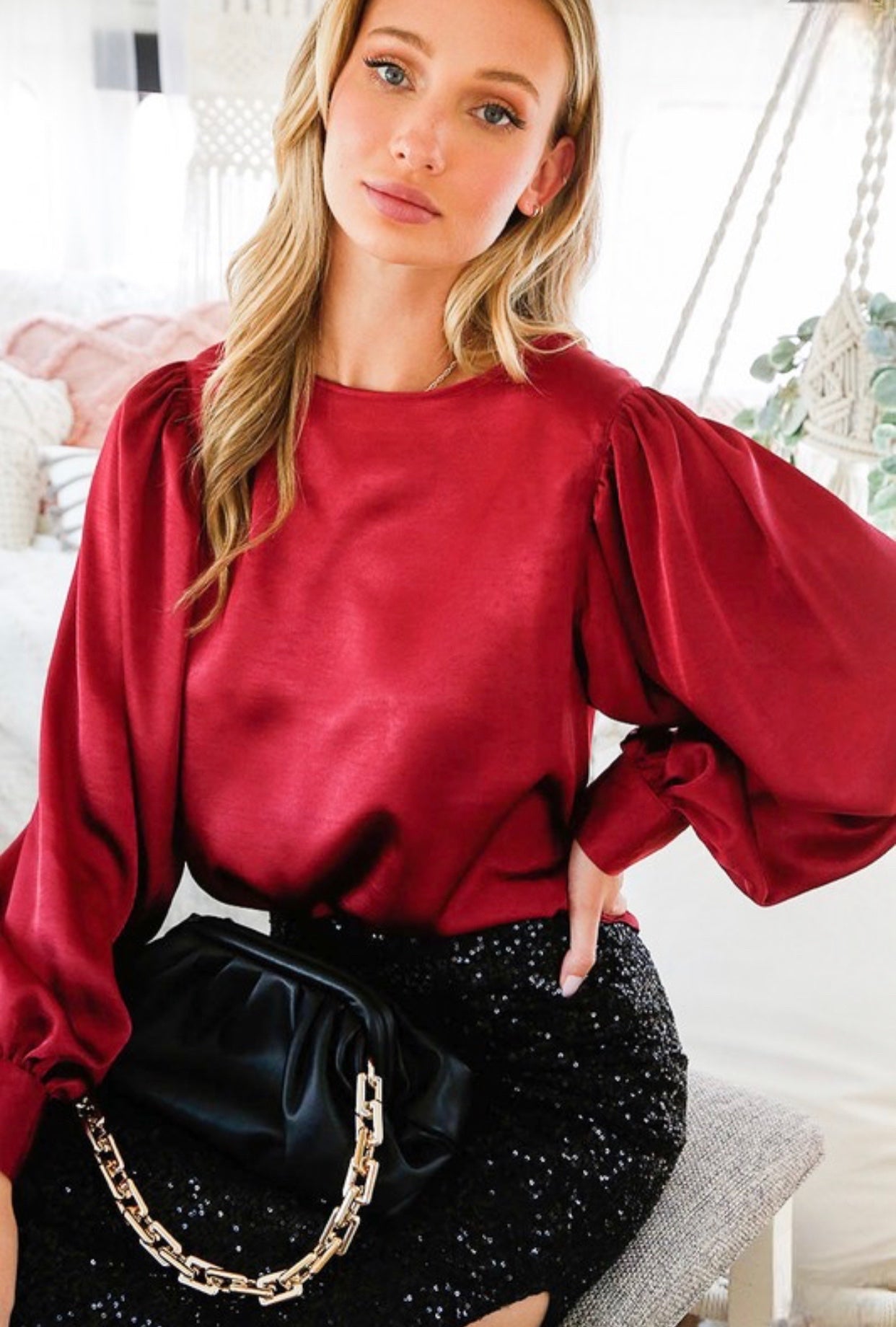 Satin Balloon Sleeve Blouse Burgundy