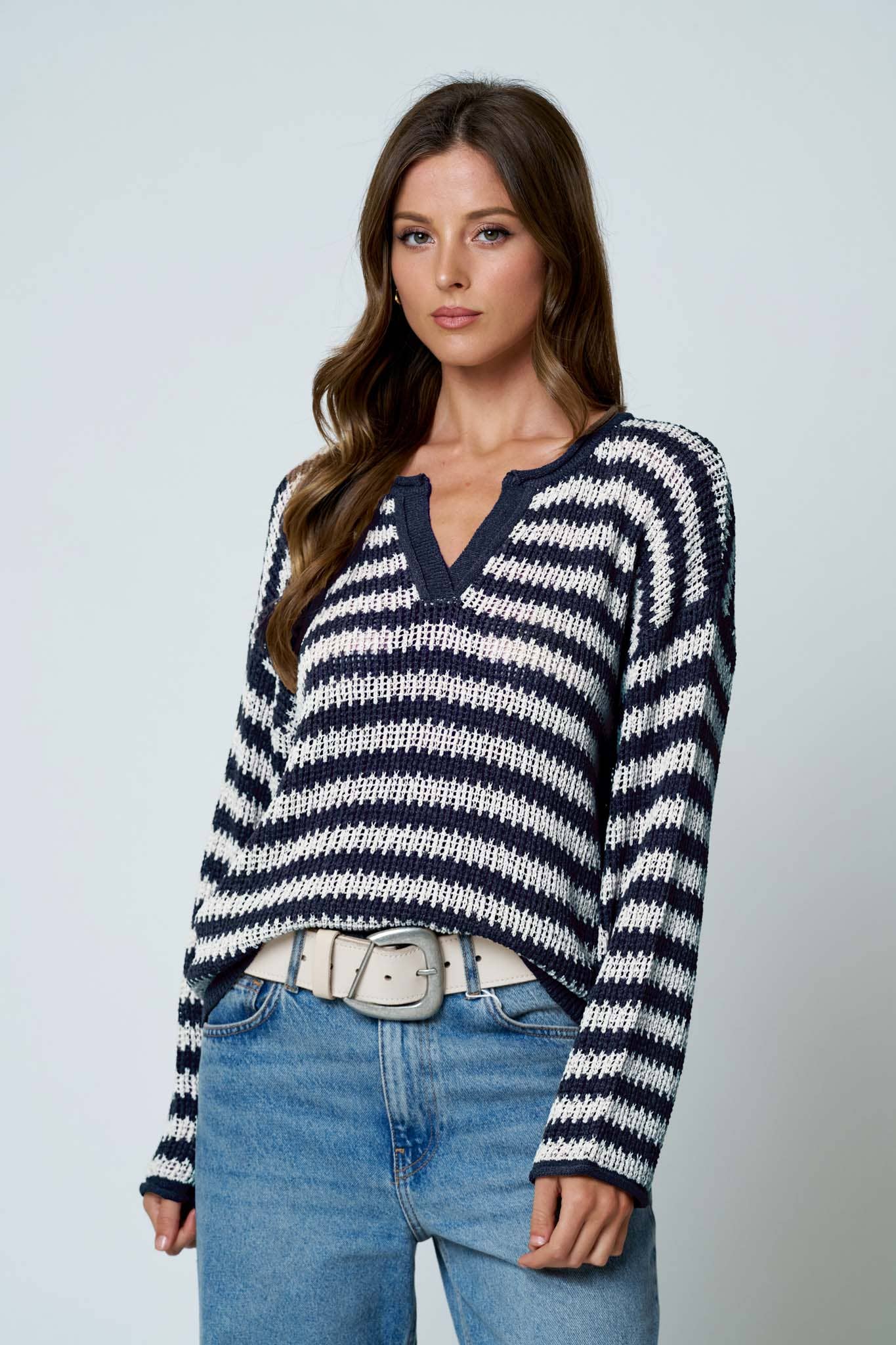 STRIPE RAW EDGE SPLIT NECK SWEATER