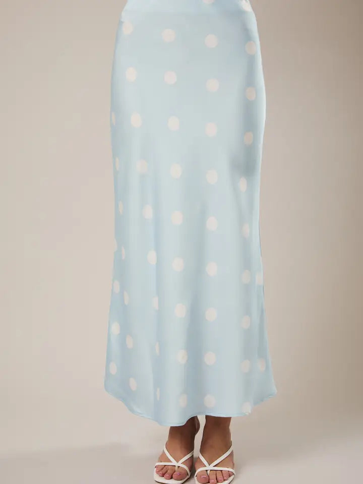 Satin Midi Skirt with Elastic Waist in Polka Dot