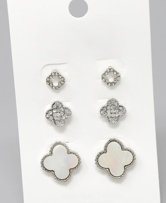 Clover Stud Earring Set White Silver