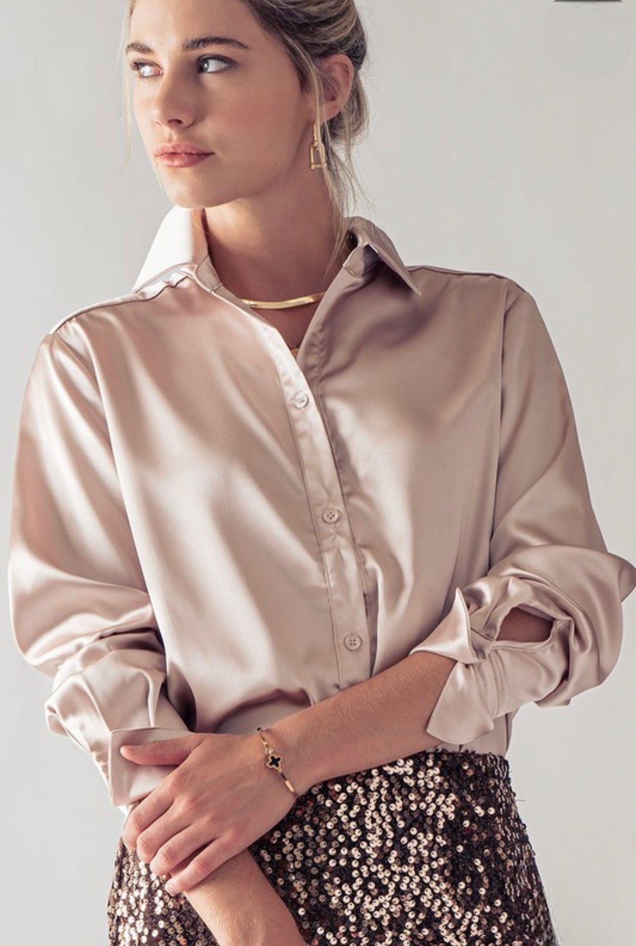 Button Down Silky Blouse Champagne