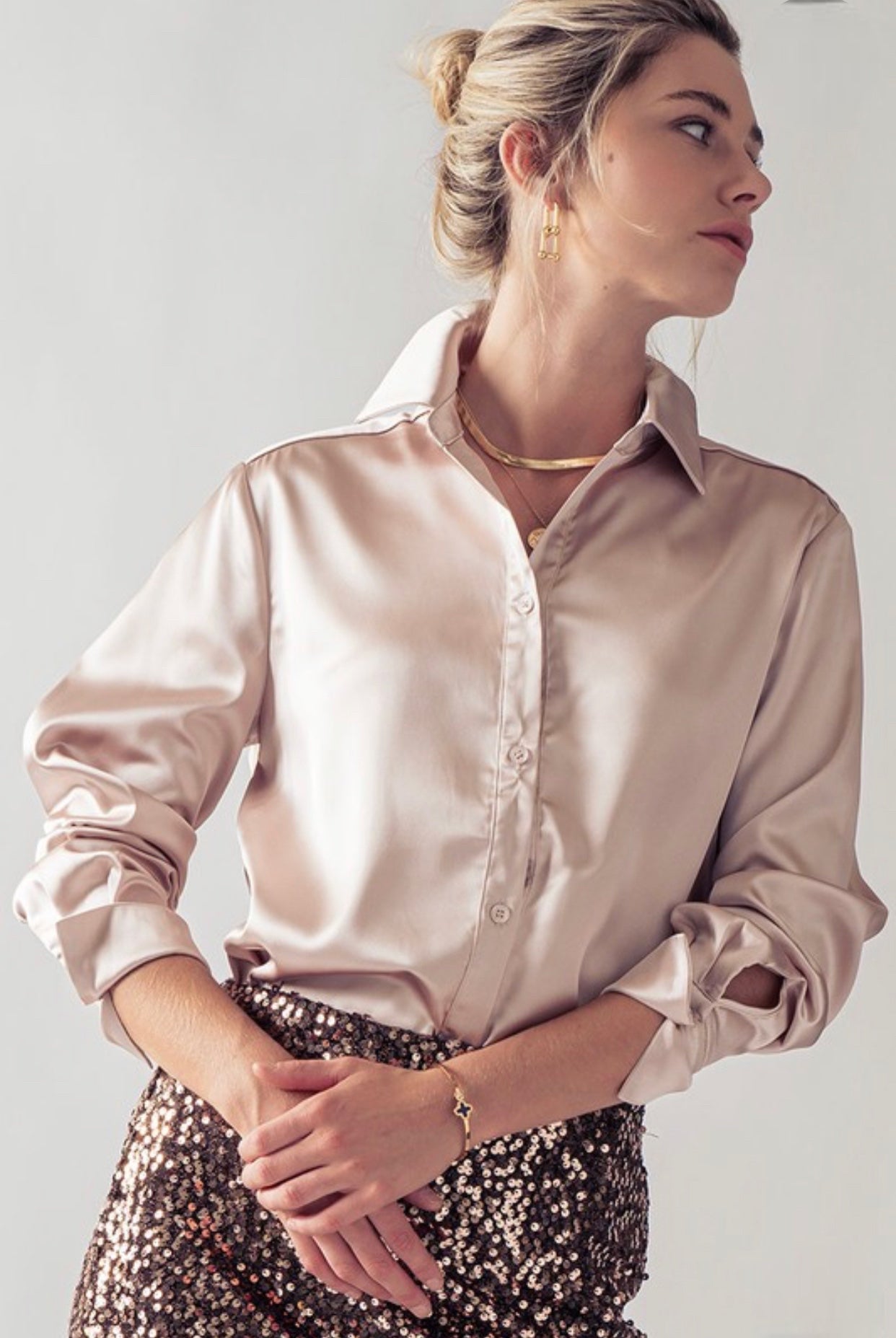 Button Down Silky Blouse Champagne