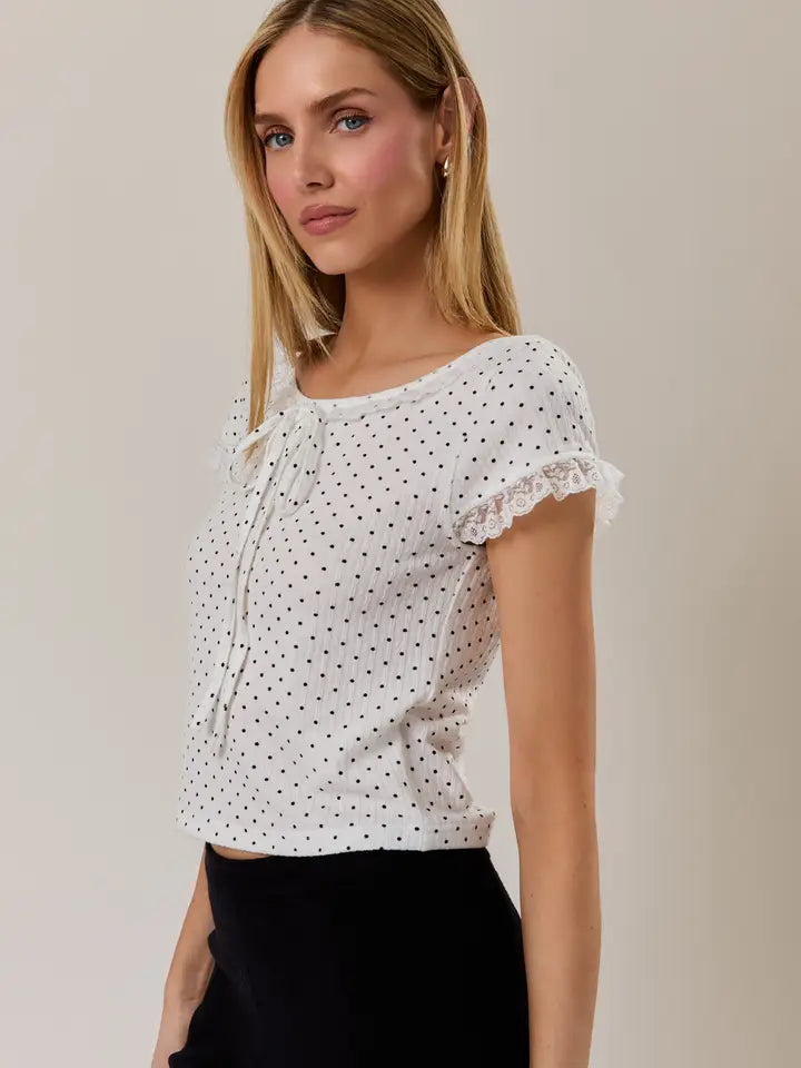 Boat Neck Polka Dot Knit Top with Lace Trim