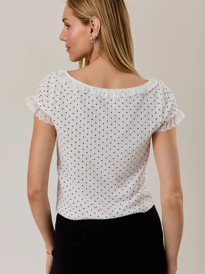 Boat Neck Polka Dot Knit Top with Lace Trim