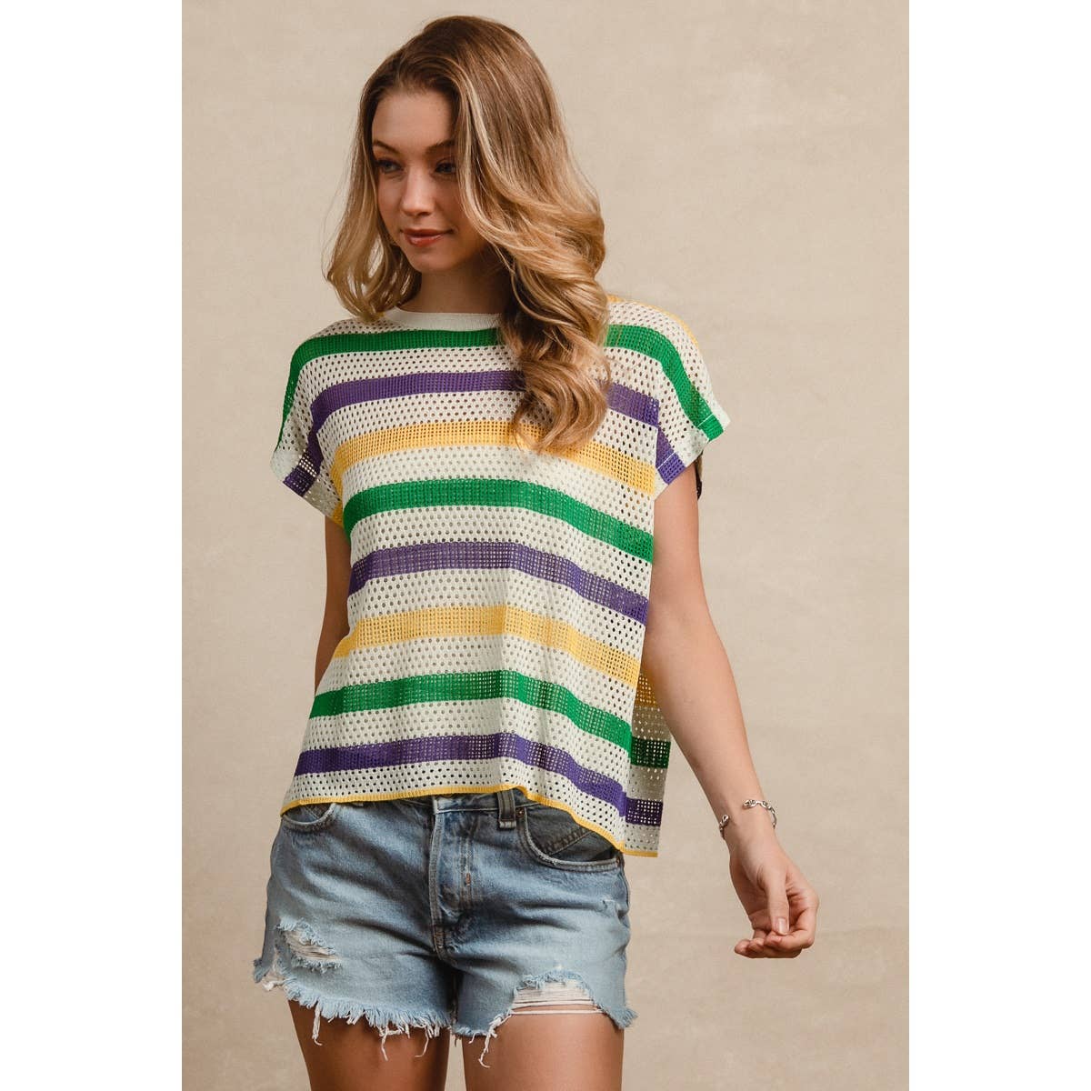 MARDI GRAS STRIPES SHORT DOLMAN SLEEVE KNIT TOP