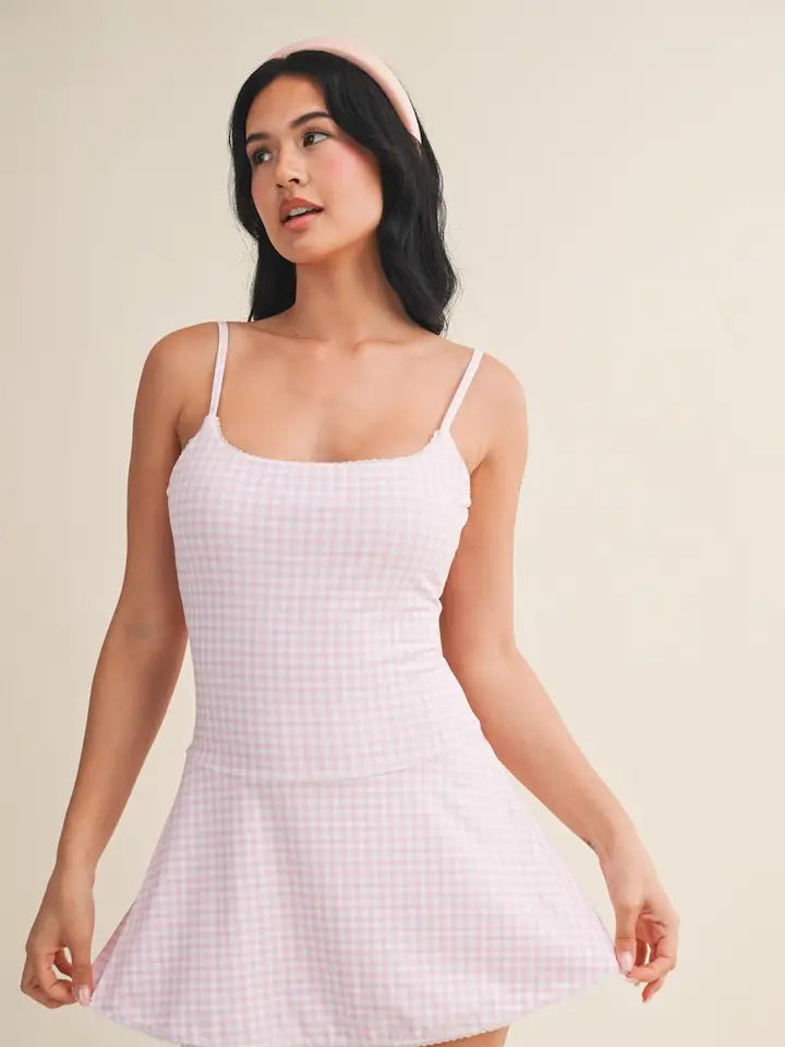 Gingham Print Lace Trim Ruffle Mini Dress
