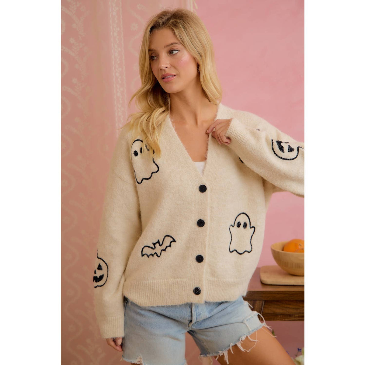 Halloween Ghost Pumpkin Button Cardigan