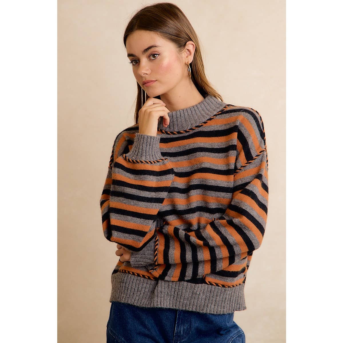 Halloween Striped Mock Neck Pocket Sweater