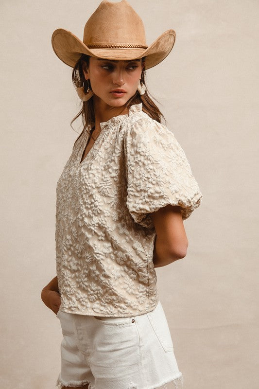 Floral Balloon Sleeve V Neck Top
