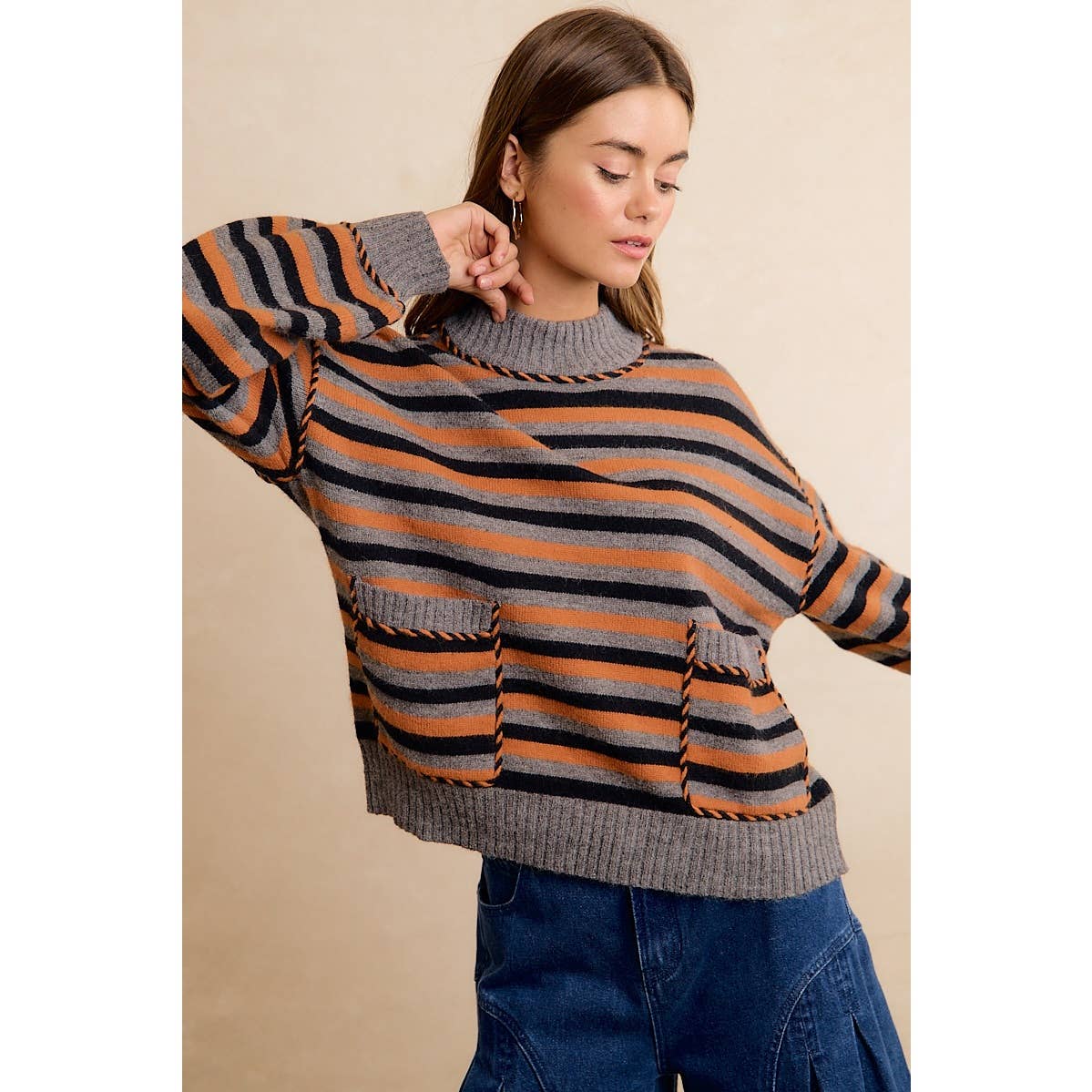 Halloween Striped Mock Neck Pocket Sweater