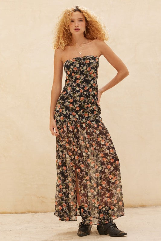 Floral Chiffon Strapless Maxi Dress