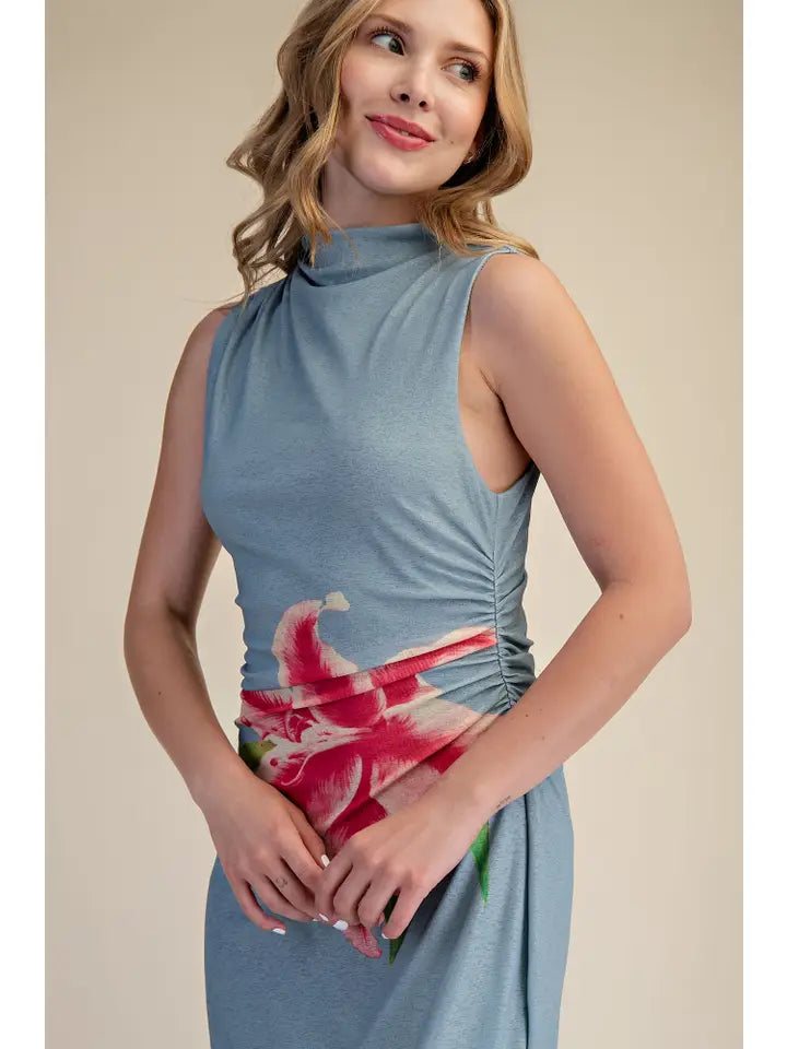 Ruched High-Neck Flower Print Midi Dress