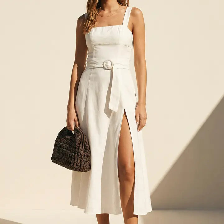 Linen Square Neck Buckle Midi Dress