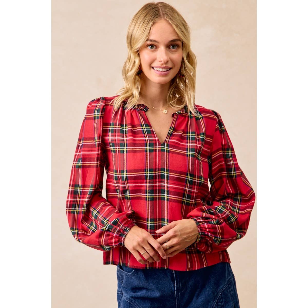 Christmas Plaid Balloon Sleeves Ruffled V-Neck Top