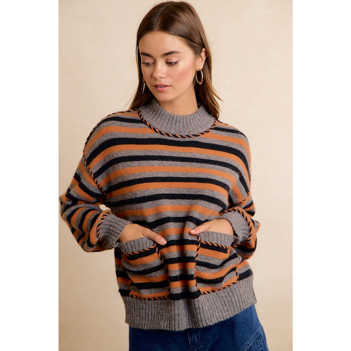 Halloween Striped Mock Neck Pocket Sweater