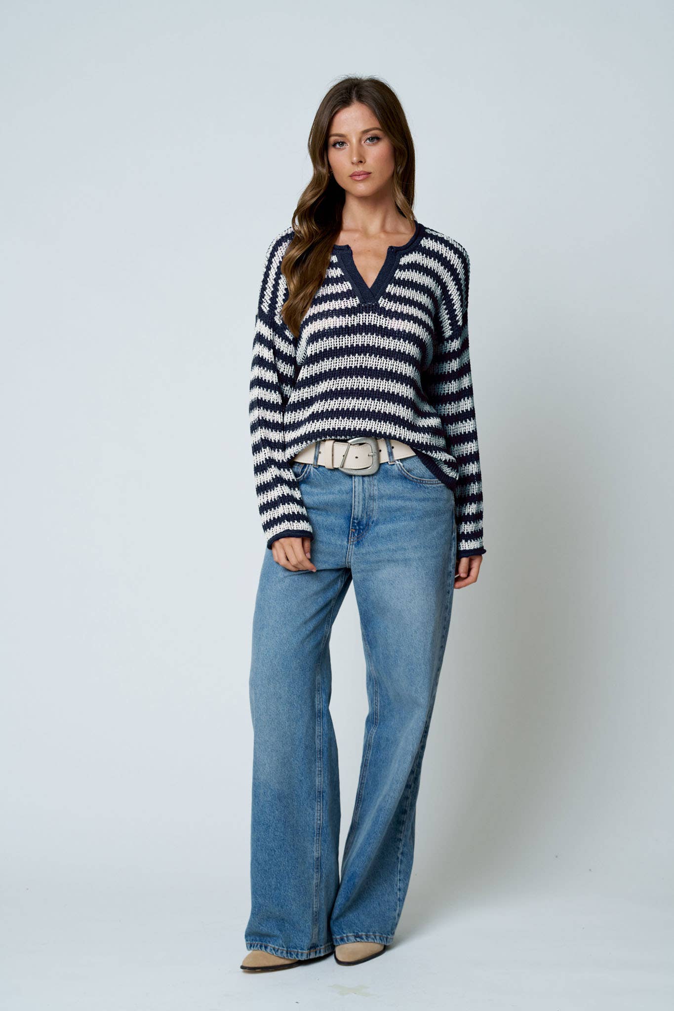 STRIPE RAW EDGE SPLIT NECK SWEATER