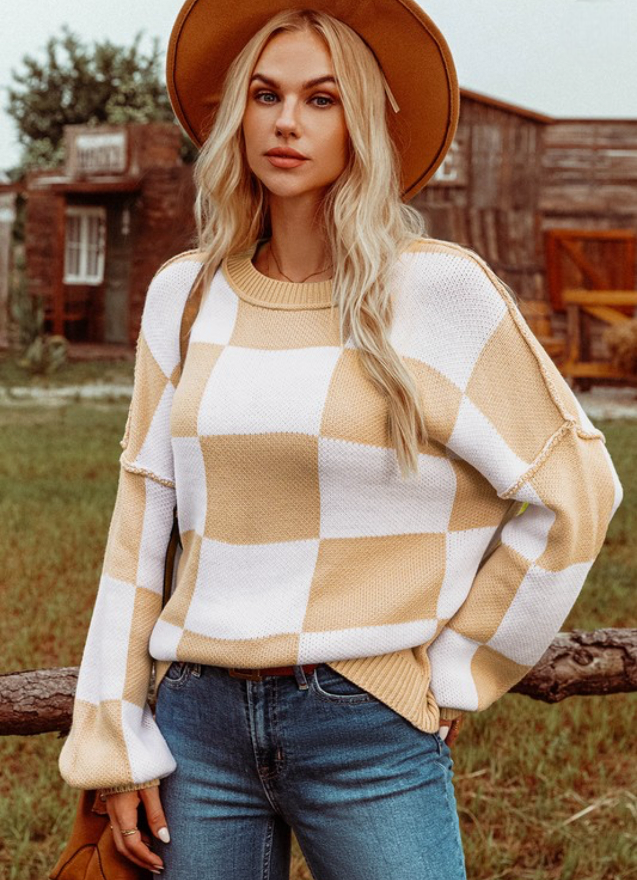 Checkered Bishop Sleeve Sweater