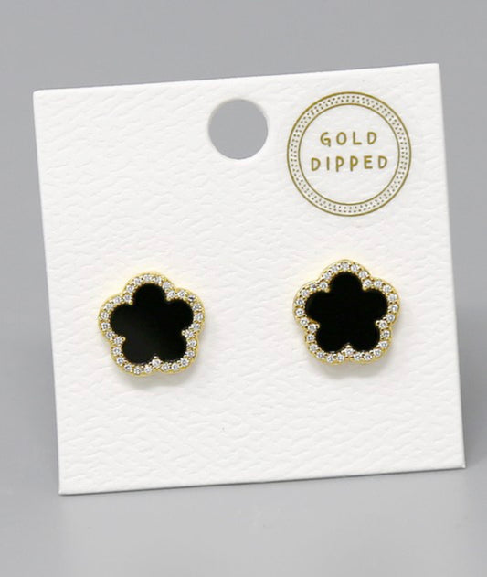 CZ Flower Stud Earrings Black Gold