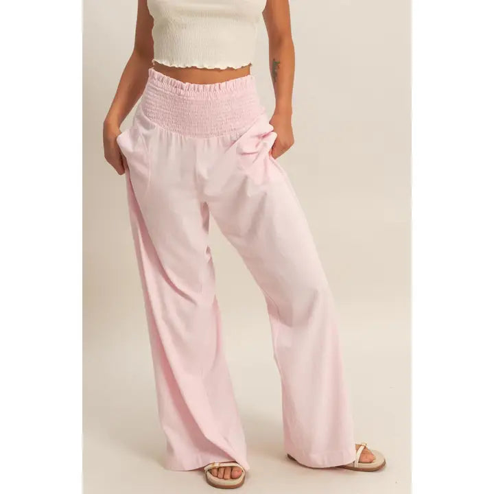 Mineral Washed Wide-Leg Smocked Waist Pants